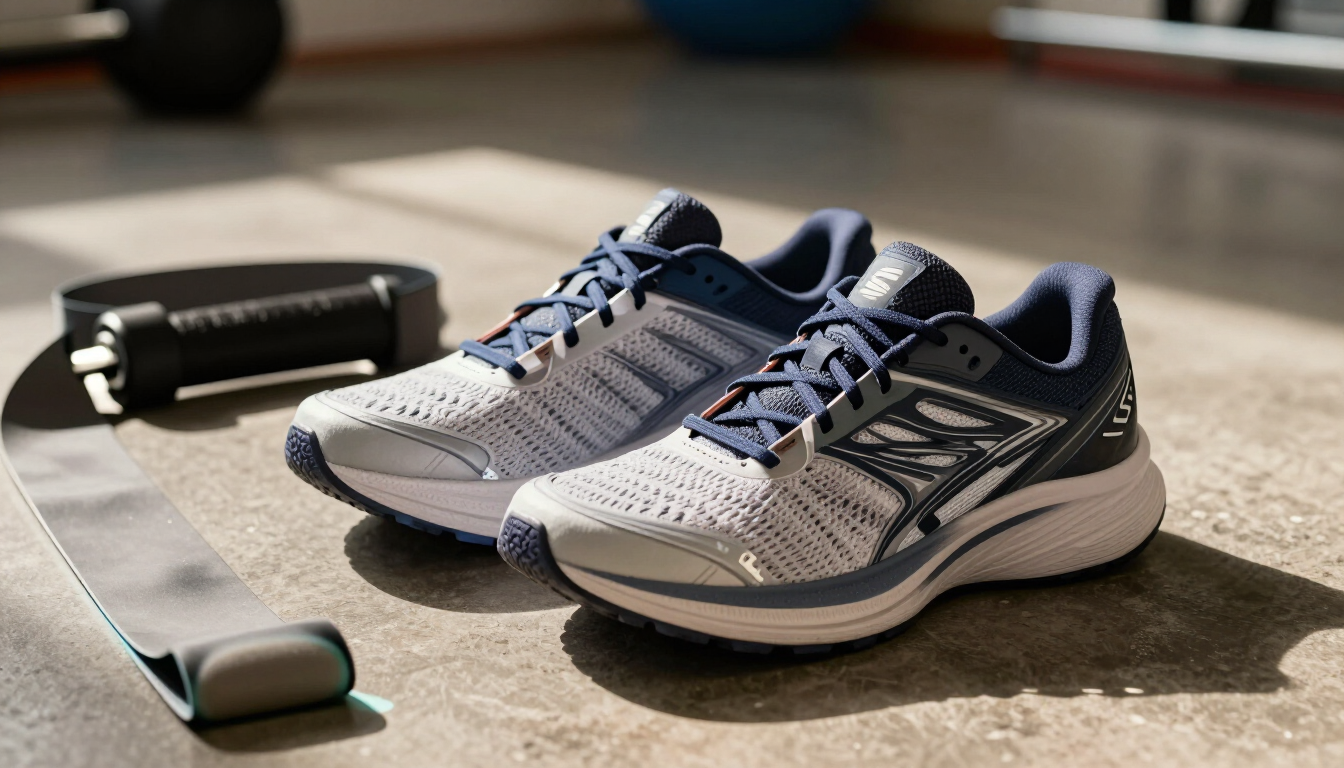 Running shoes and a resistance band on a gym floor