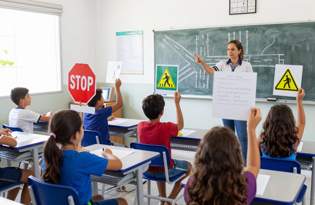 Crianças em sala de aula erguem placas de trânsito de papel durante oficina educativa