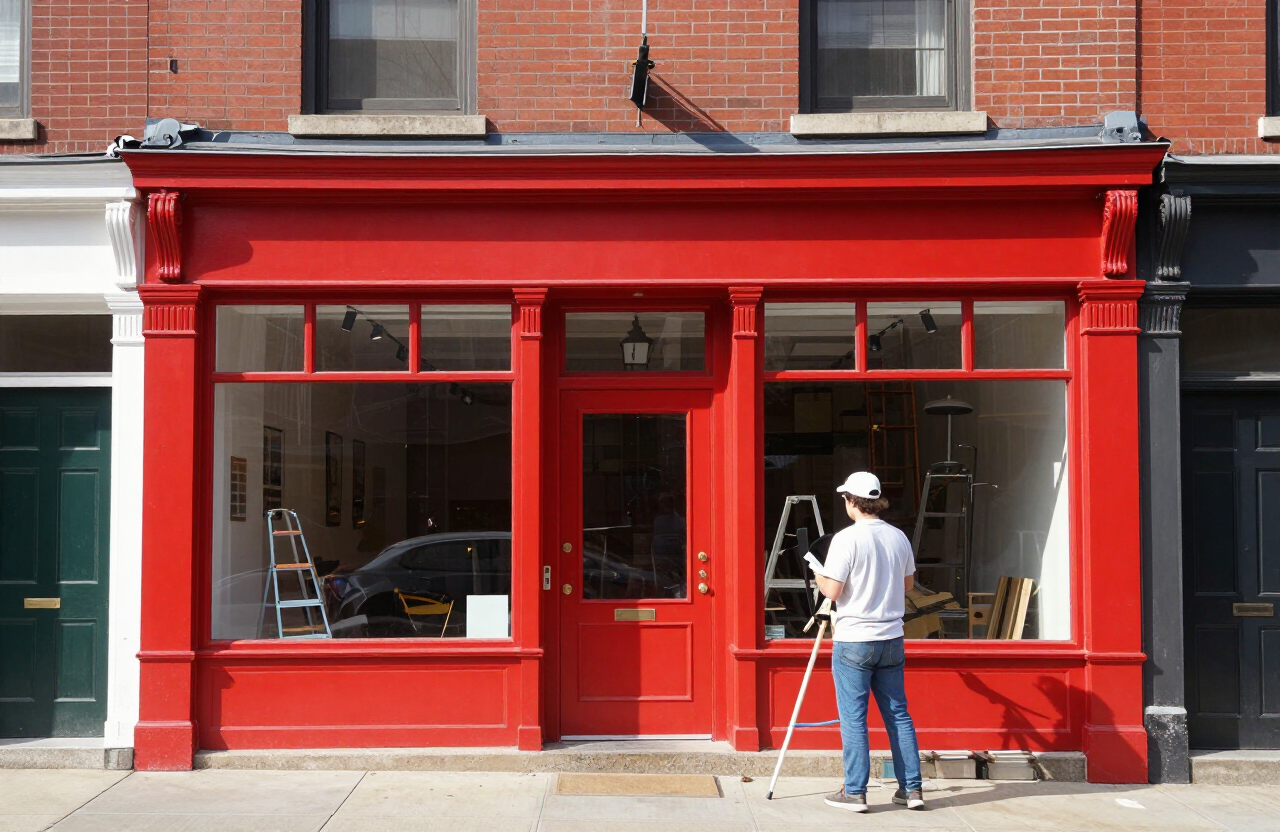 Painter applying accent color to Park Avenue storefront trim in Rutherford NJ