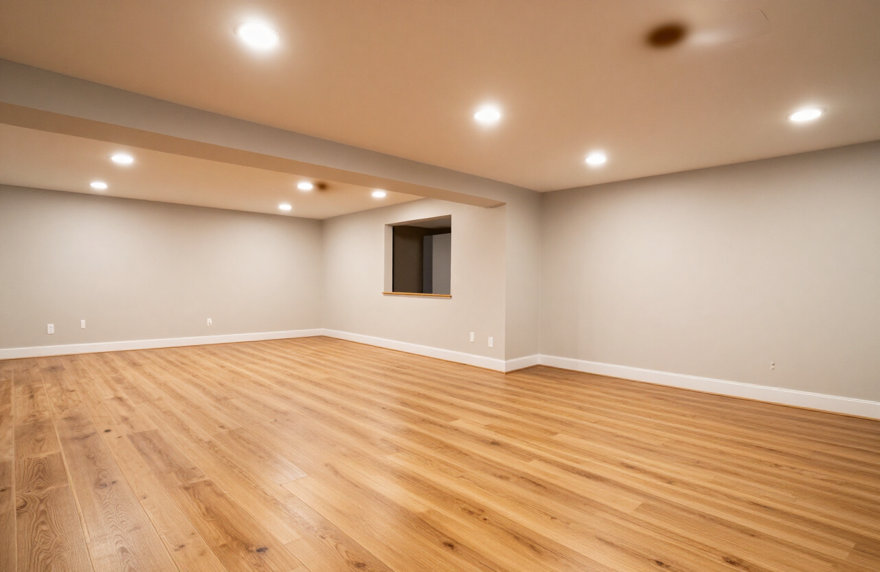 Finished basement family room with warm flooring, recessed lighting, and a comfortable seating area