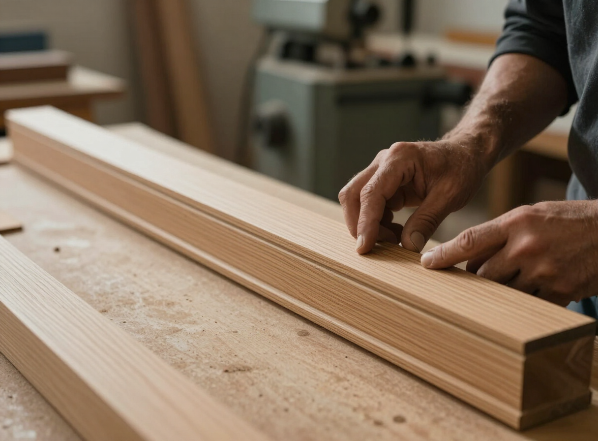 Manos revisando cuidadosamente el acabado de una moldura de madera