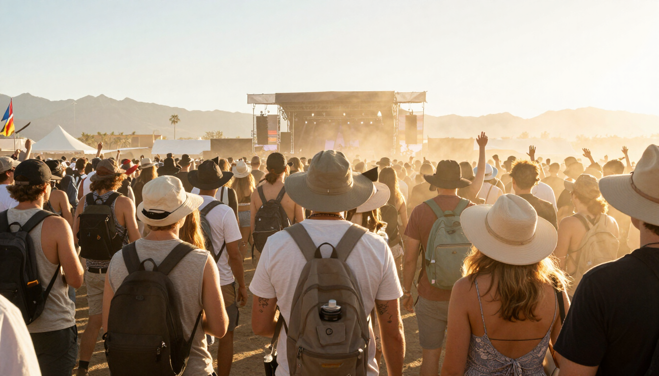 Festival crowd in bright summer sunlight wearing hats and carrying hydration packs at an outdoor music event.
