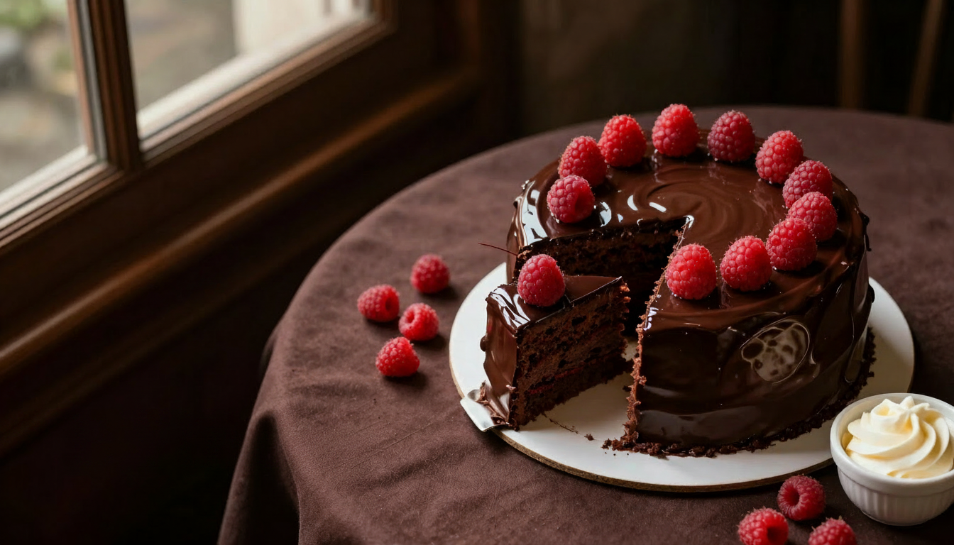 Chocolate cake with raspberries, baked for sharing