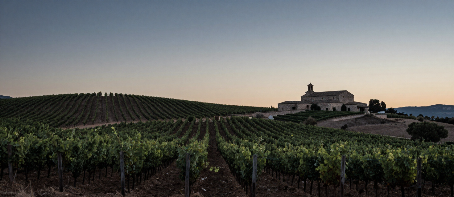 Viñedo en La Rioja al atardecer, con una bodega de piedra en la lejanía