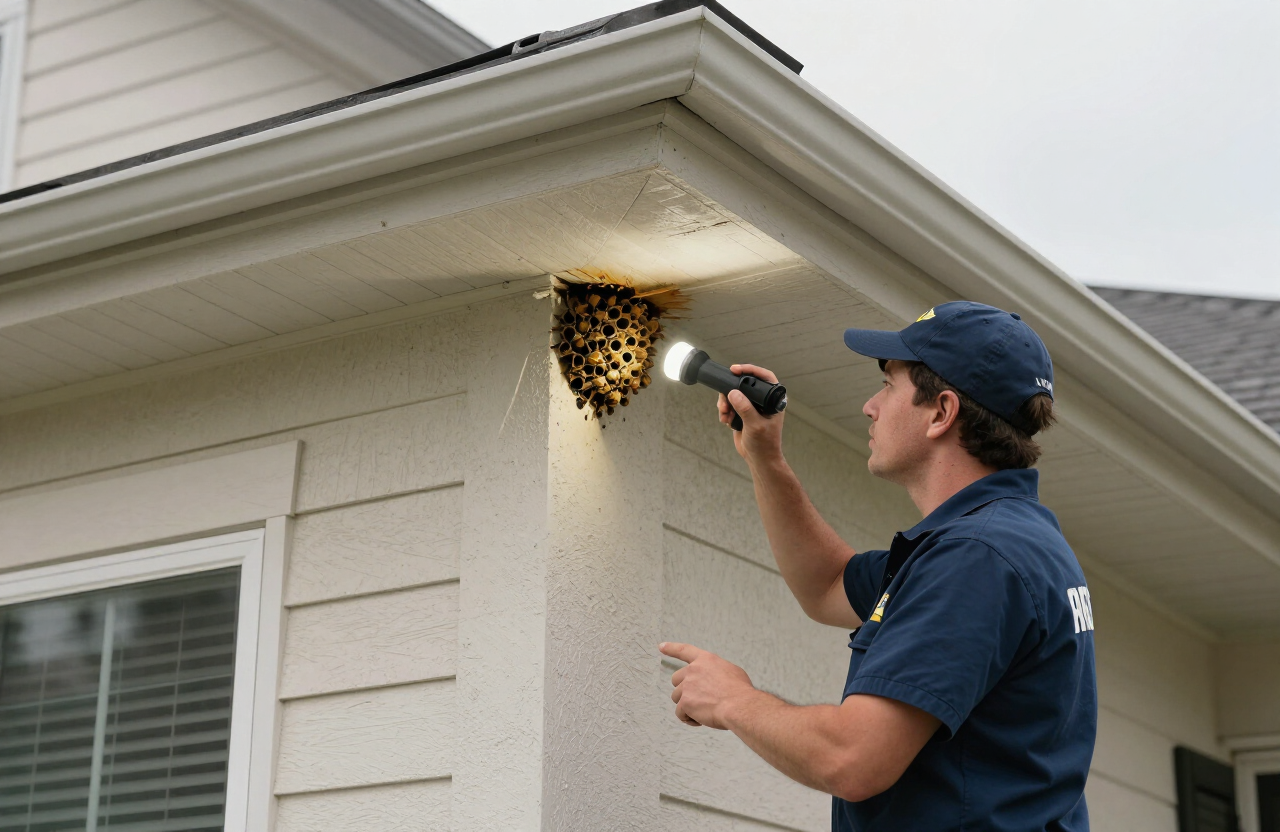 Professional inspection of a possible bee entry area around an exterior wall, eave and roofline of a Houston home