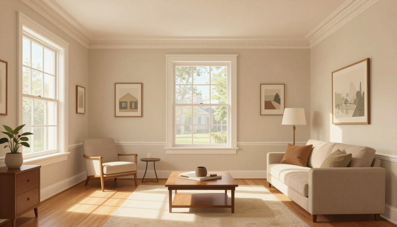 Illustrative interior living room of an Englewood NJ Colonial with detailed crown molding and freshly painted warm neutral walls