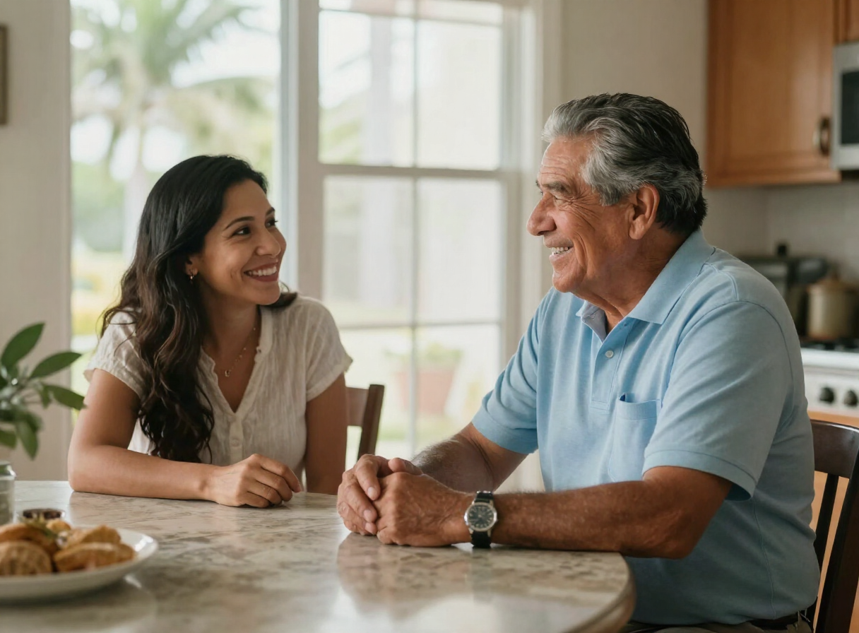 Older Latino adult talking with a family member at home