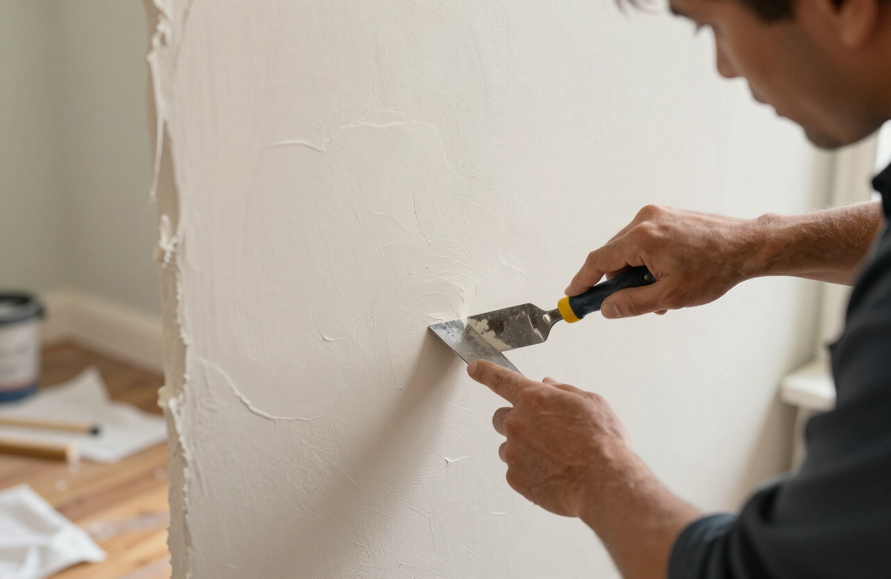 Craftsman skimming a plaster repair smooth in a pre-war home
