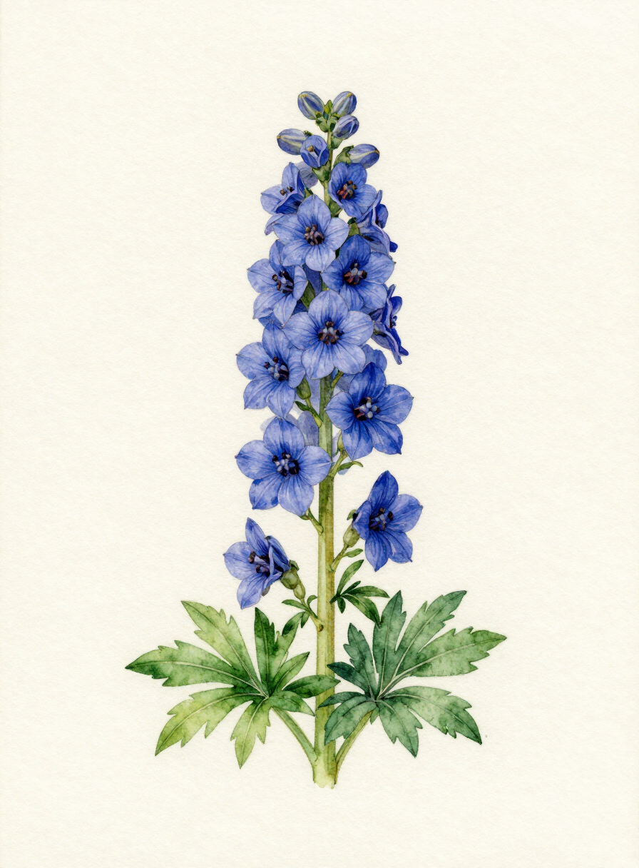 Watercolor painting of a periwinkle Larkspur