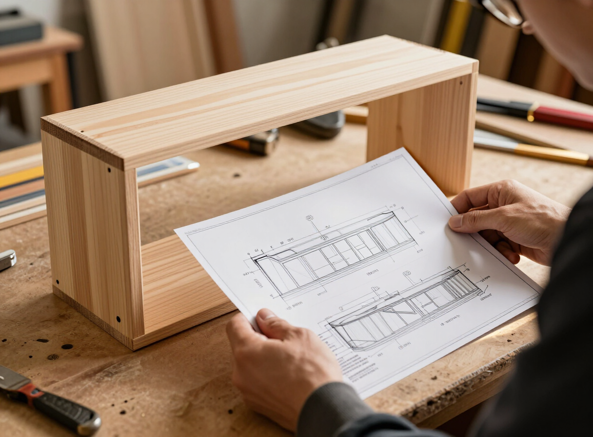 A woodworker's hands holding an illustrated assembly diagram next to a half-built wooden shelf on a workbench