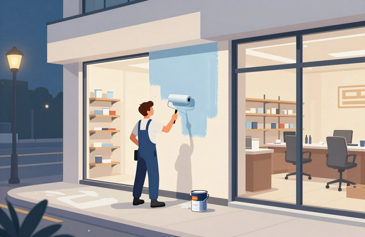 Illustrative image of an after-hours commercial painting job in a small retail storefront or office — not a specific Englewood project.