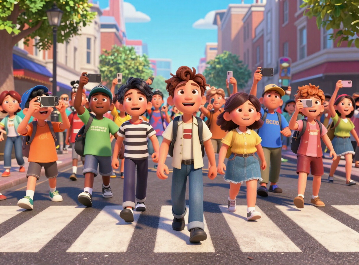 Cartoon fans taking photos at a zebra crossing in London