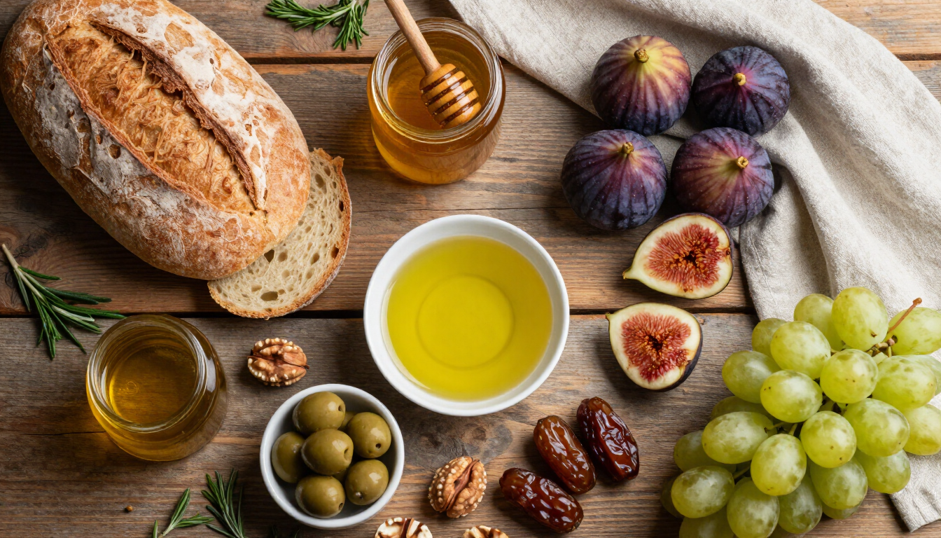 Mesa rústica con pan fresco, aceite, miel, higos, dátiles, uvas y hierbas — alimentos mencionados en la Biblia