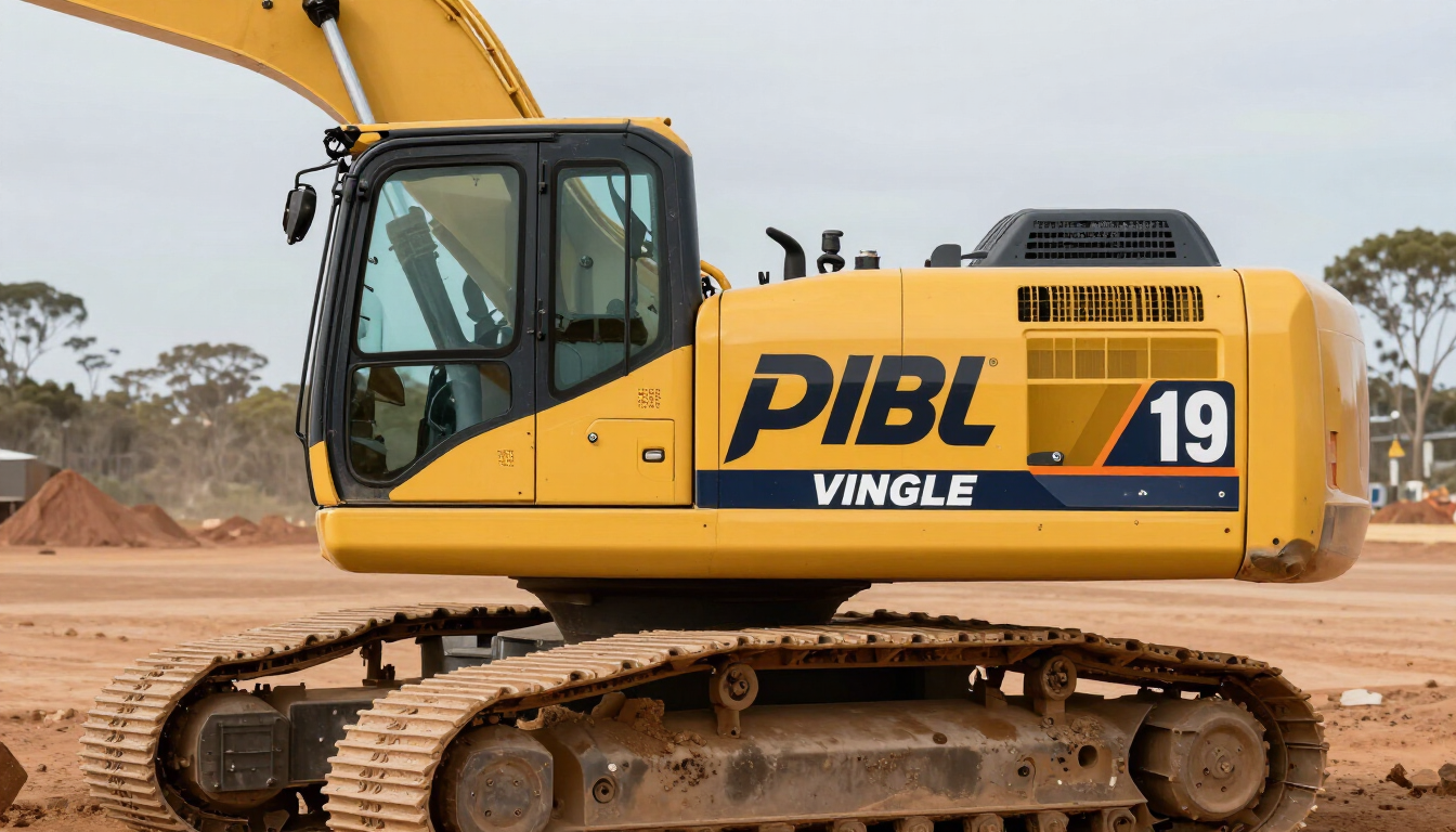 Branded vinyl stickers applied to a yellow excavator on an Australian worksite