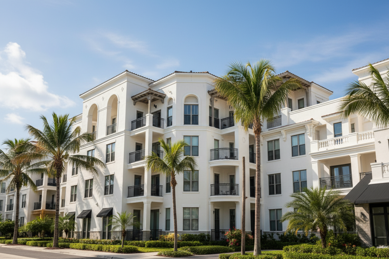 White Mediterranean-style residential building with palm trees in Tampa