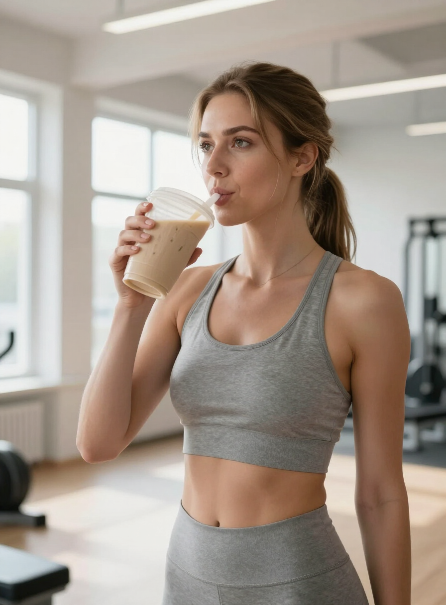 Woman drinking a protein shake after a gym session