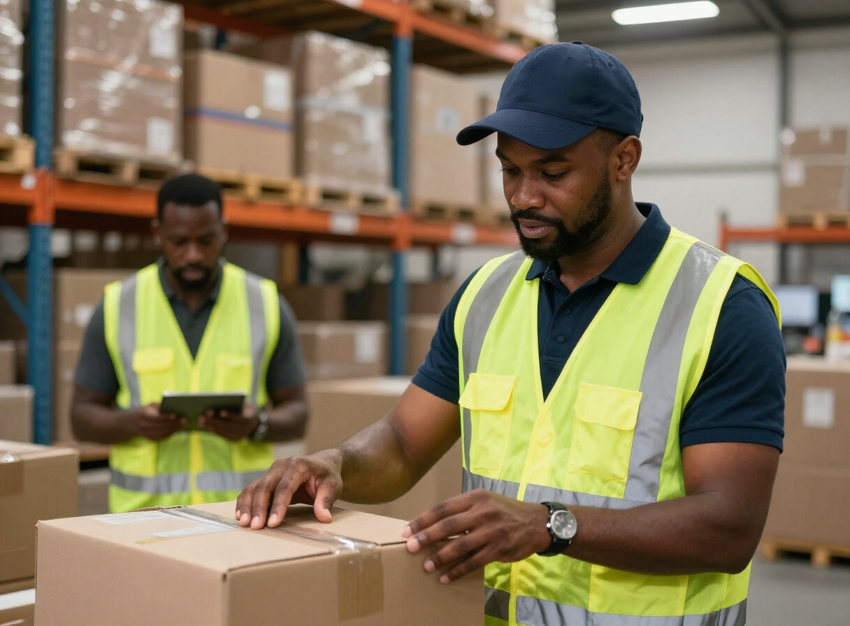 Professional warehouse team in action