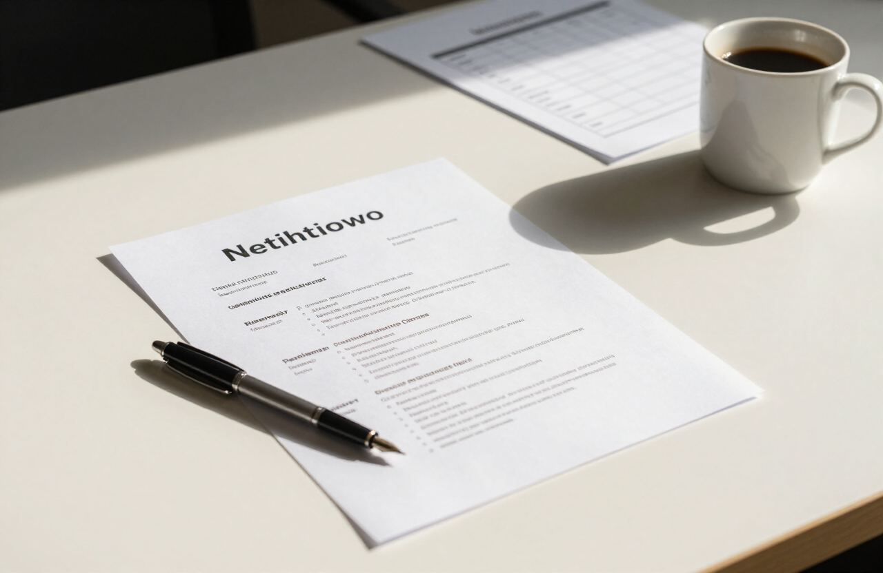 Printed resumes, an interview schedule, and a pen on a desk in warm morning light