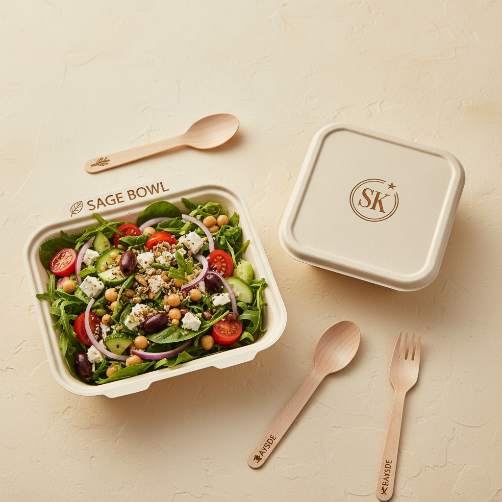 Beberapa variasi monogram dan logo laser engraving pada bagasse dan sendok kayu