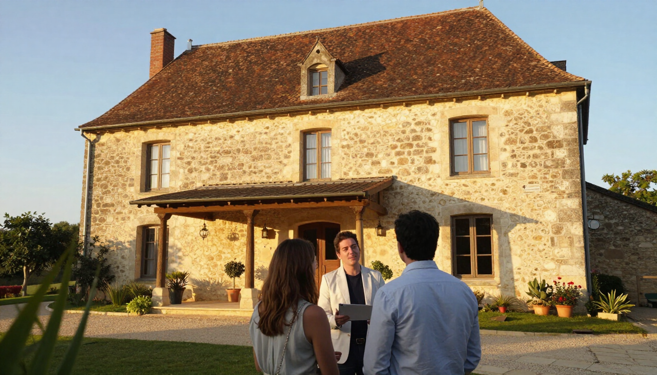 French real estate agent consulting with clients at a stone property
