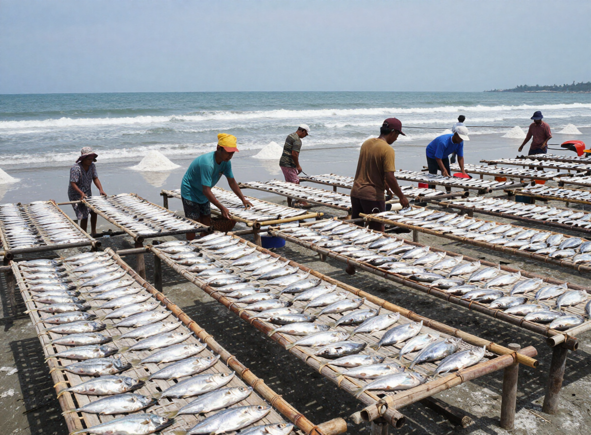 Ikan asin tradisional yang sedang dikeringkan di pesisir Pelabuhan Ratu, Jawa Barat