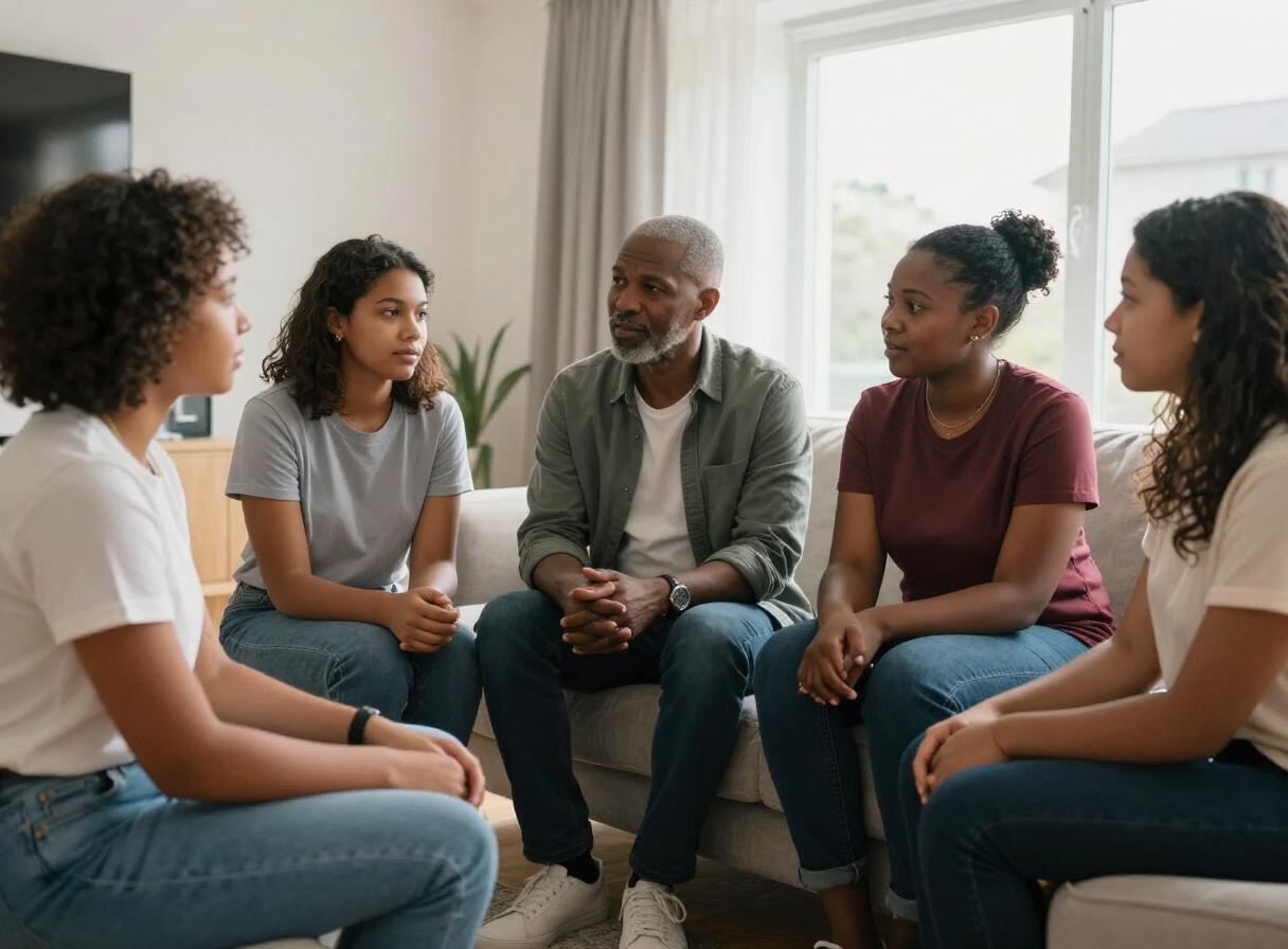 Family talking together in a calm home setting