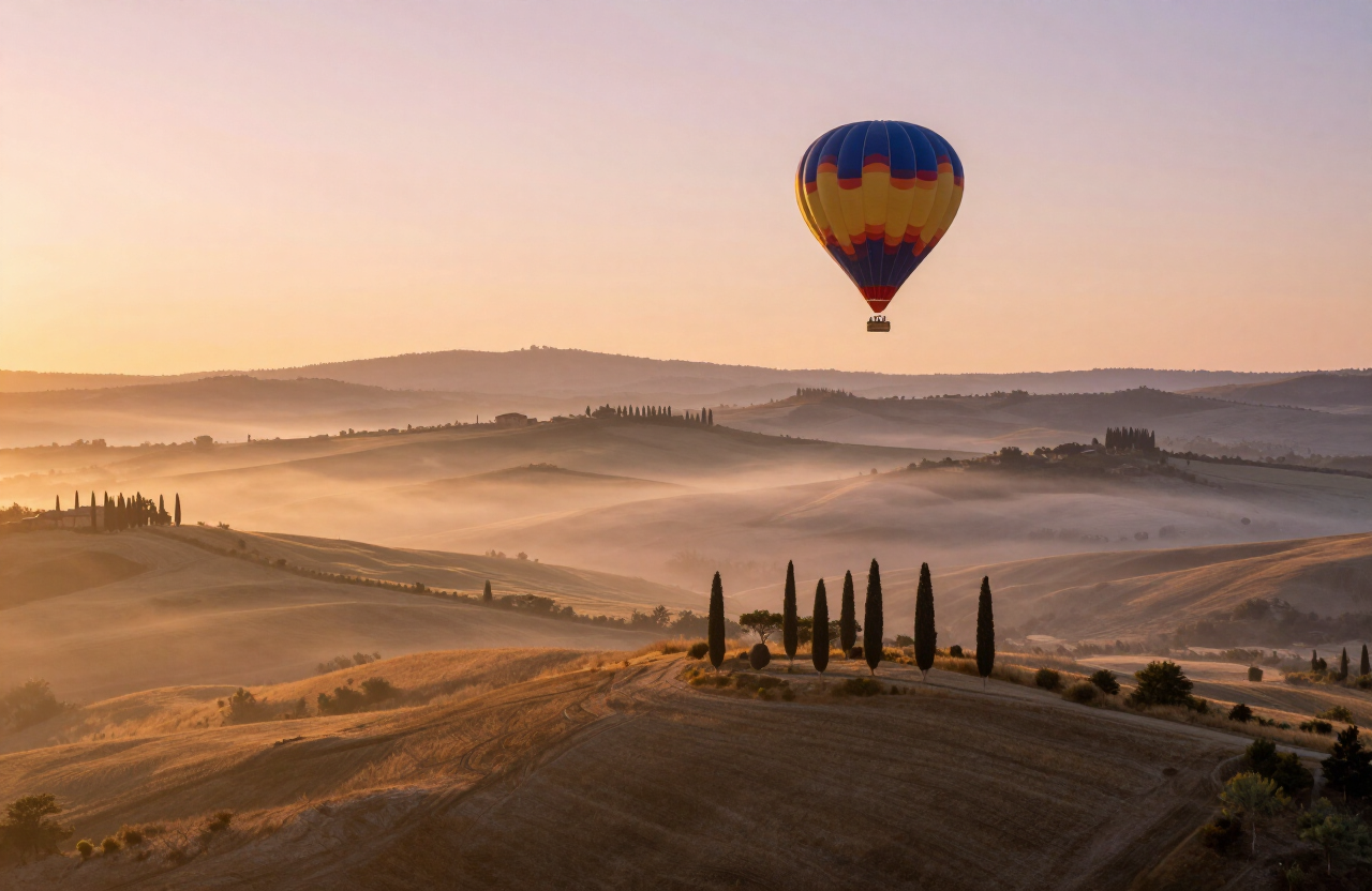 Volo in mongolfiera all'alba — Val d'Orcia