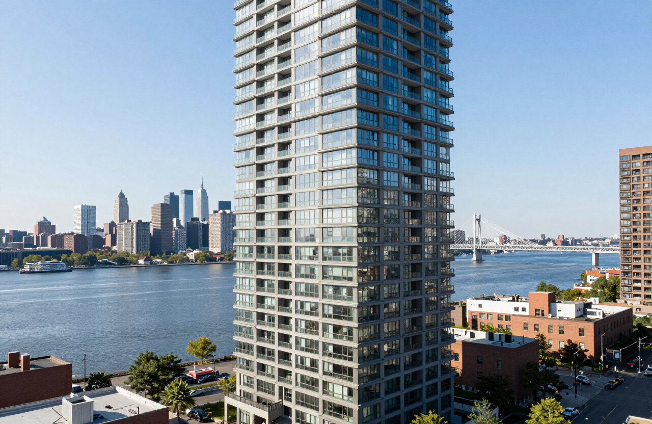 Modern high-rise condo building along Boulevard East in Weehawken NJ overlooking the Hudson River