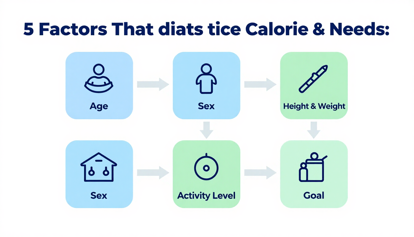 Diagram of the five factors that determine calorie needs: age, sex, height and weight, activity level, and goal