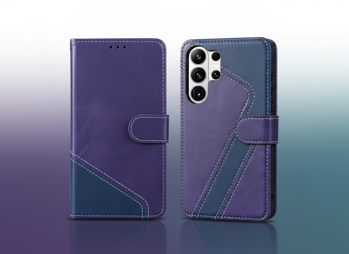 Two-Tone Leather Wallet Case in Purple and Blue