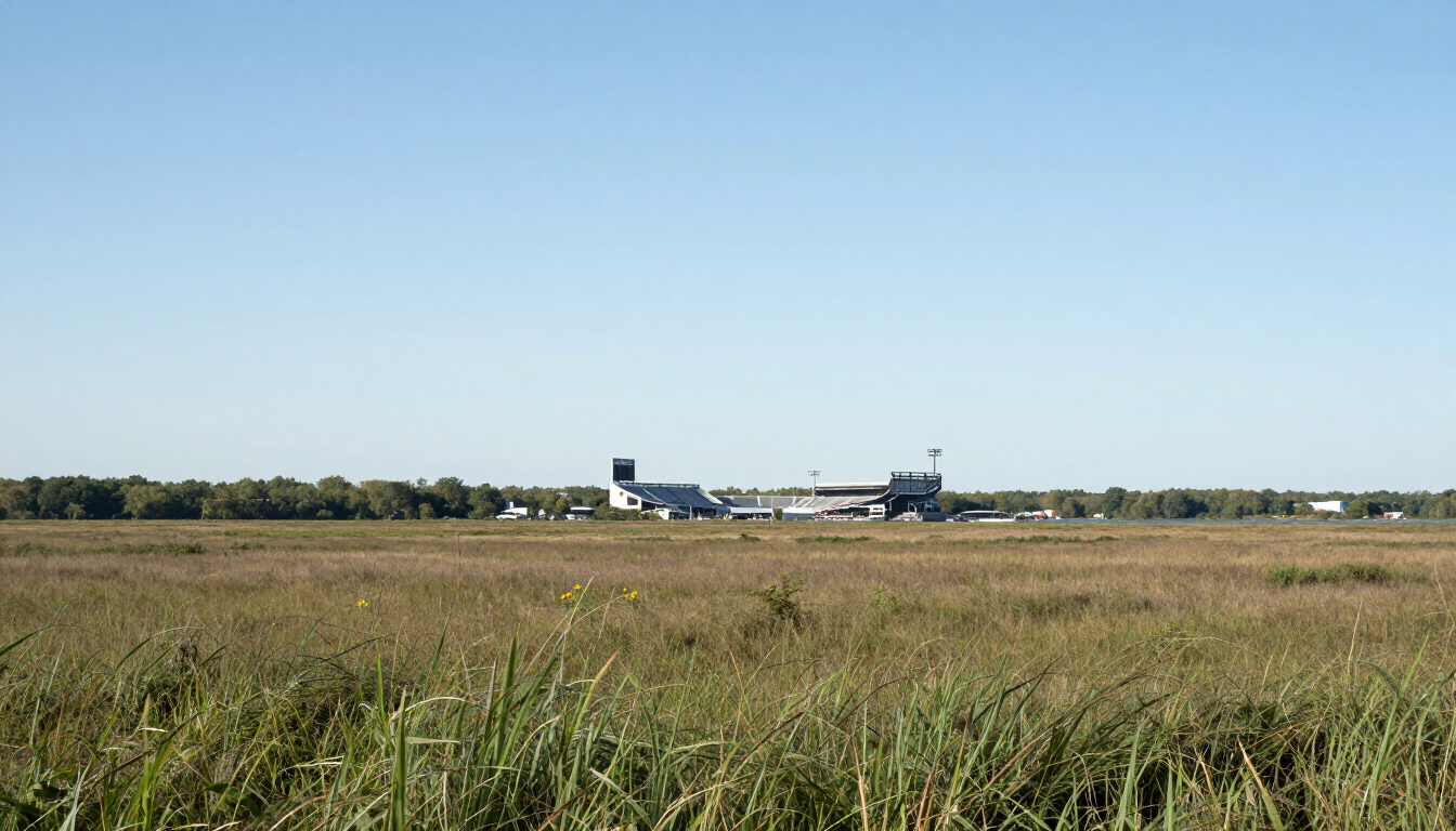 Meadowlands marshland landscape view from East Rutherford NJ with stadium complex in the distance