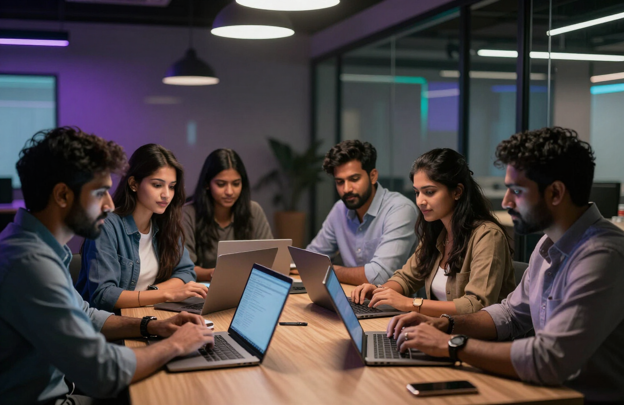 Thanya Tech team collaborating in their Bangalore web design office