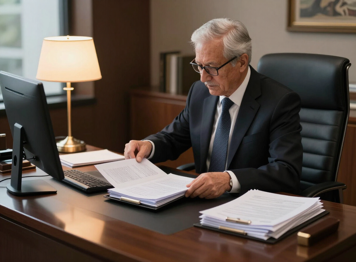 Senior paralegal organizing case files and medical chronology documents at a sleek desk