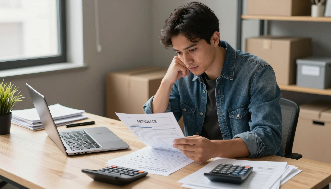 A construction business owner reviewing invoices and retainage paperwork at a desk