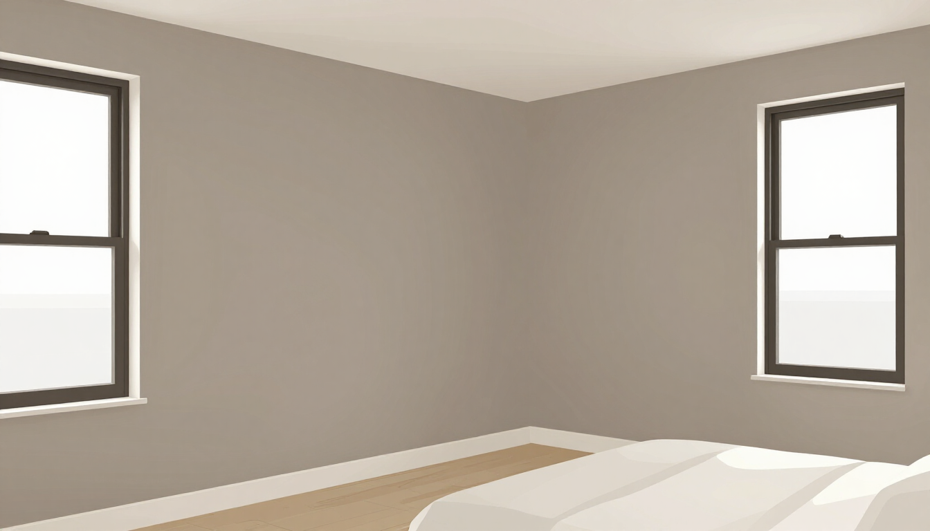 Illustrative bedroom with warm greige walls and white ceiling