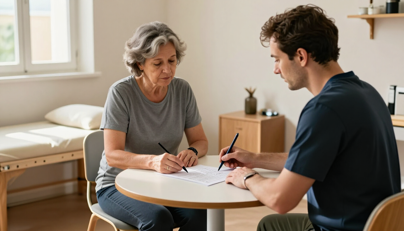 A clinician and a patient reviewing a written wellbeing plan in a sunlit clinic