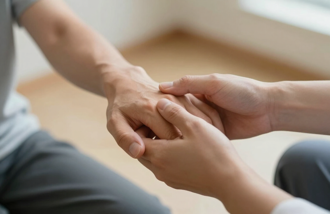 An occupational therapist guiding a patient's hand during rehabilitation, close-up, soft natural light