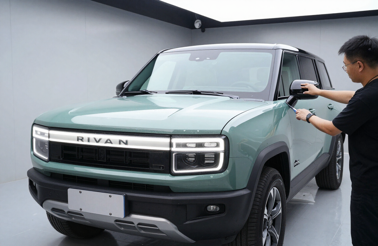 Rivian R1T electric pickup truck receiving mobile auto glass service
