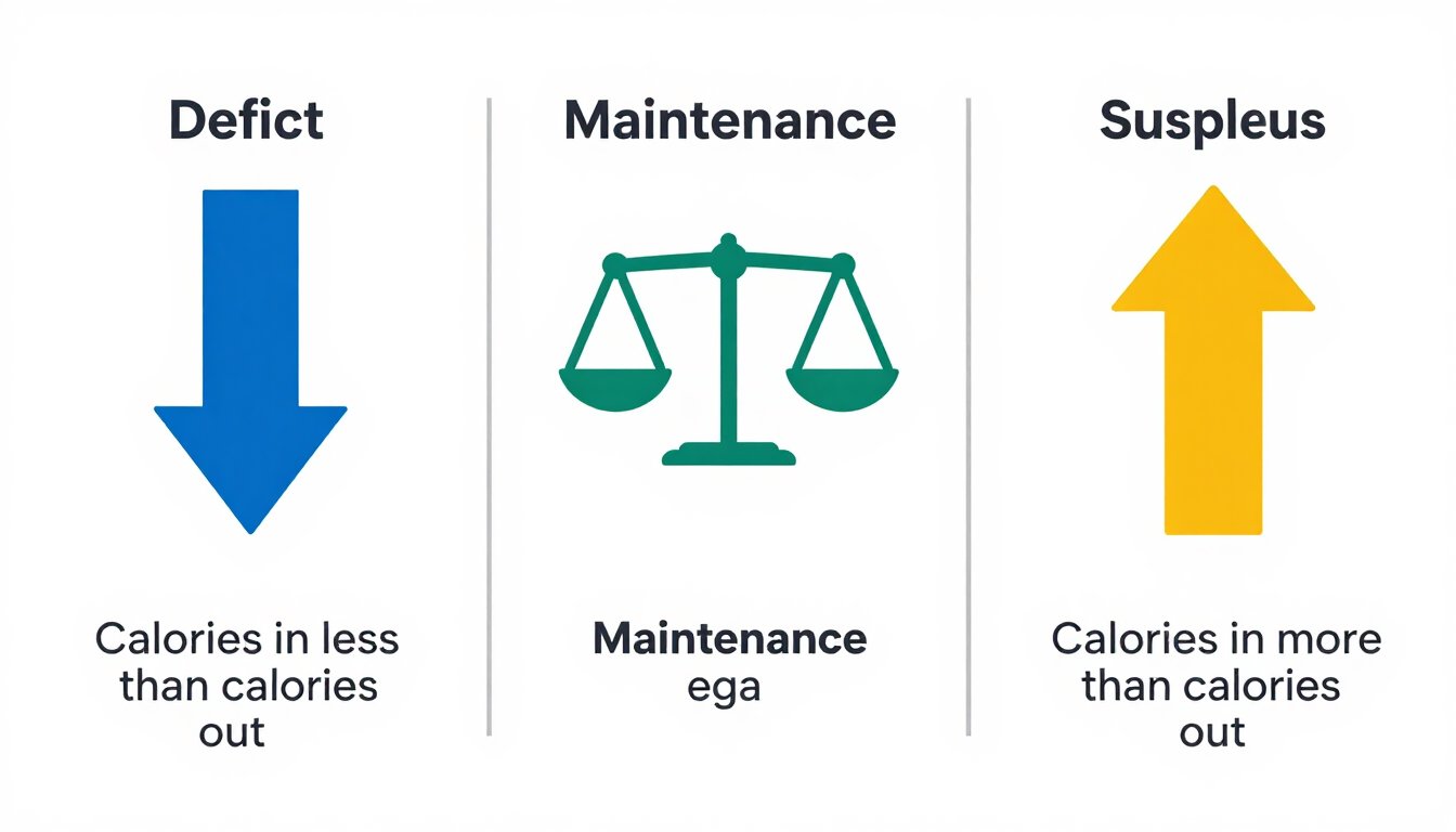 Diagram showing calorie deficit, maintenance, and surplus and their effect on body weight