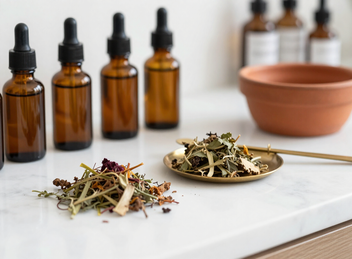 Herbal dispensary counter with tinctures and dried herbs