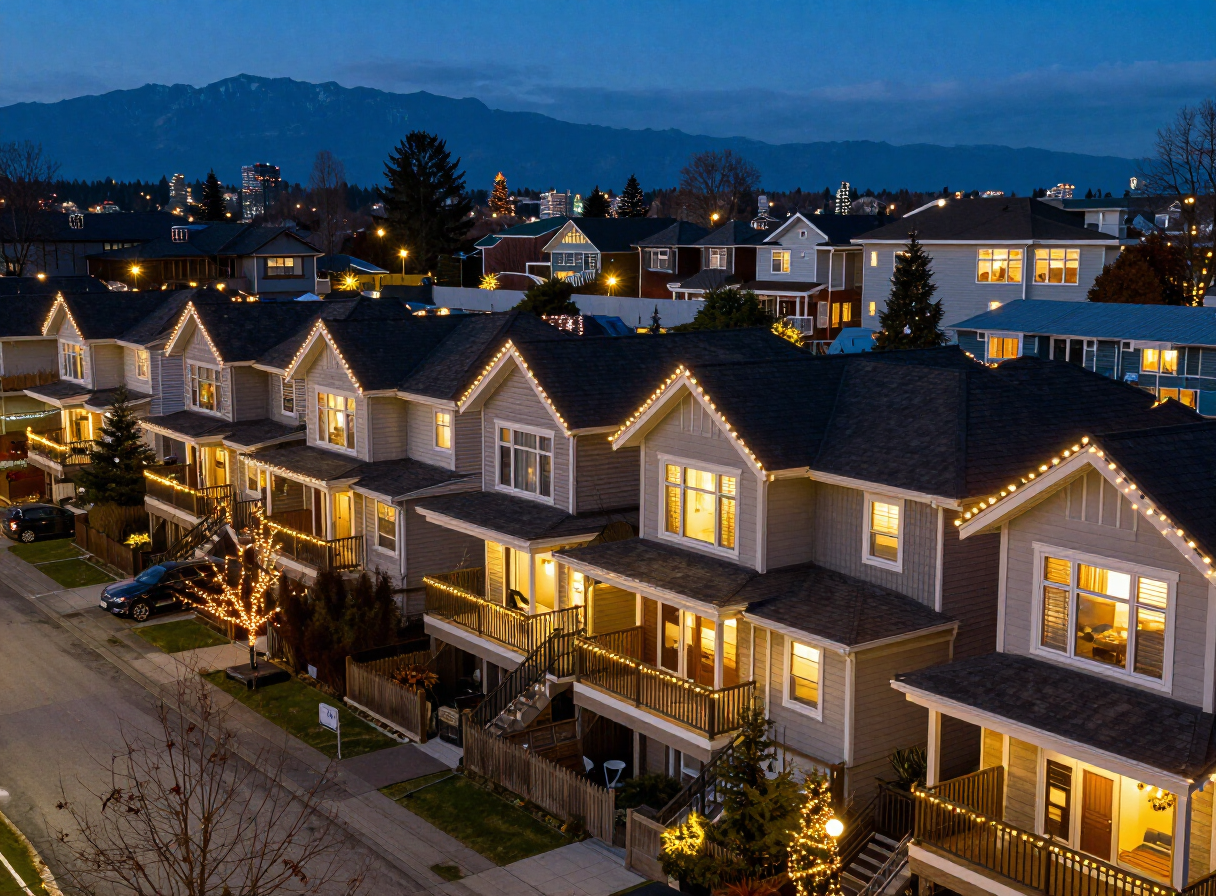 Overhanging icicle Christmas lights in Vancouver with commissioned ridgeline outfitting and skilled seasonal professionals.