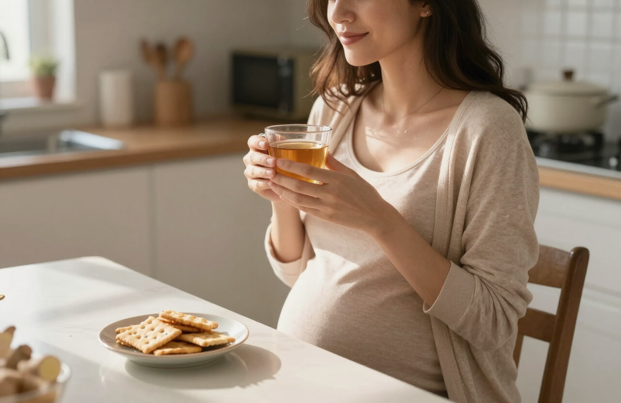 Mujer embarazada tomando una infusión de jengibre como remedio natural para las náuseas