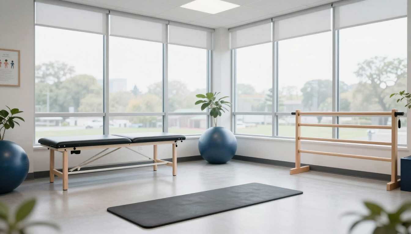 A bright rehabilitation clinic with physical therapy equipment and parallel bars in soft daylight