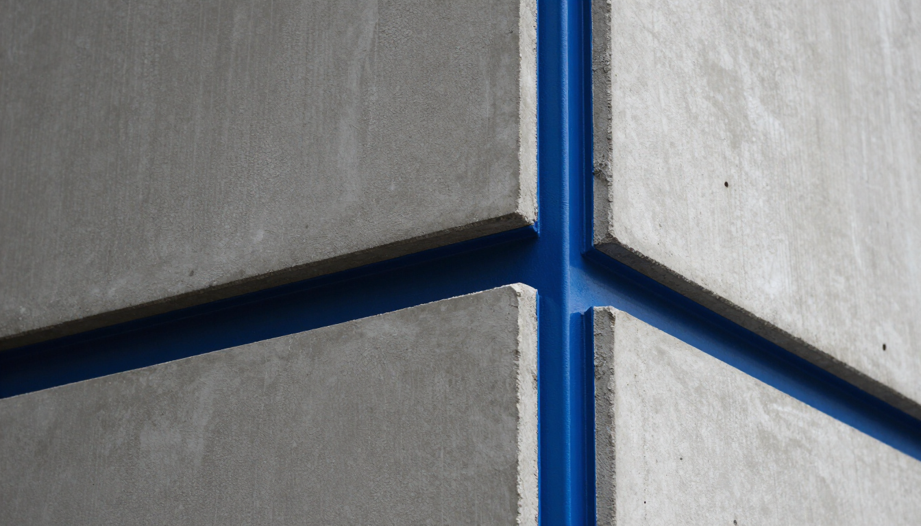 Board-formed concrete meeting a blue steel edge