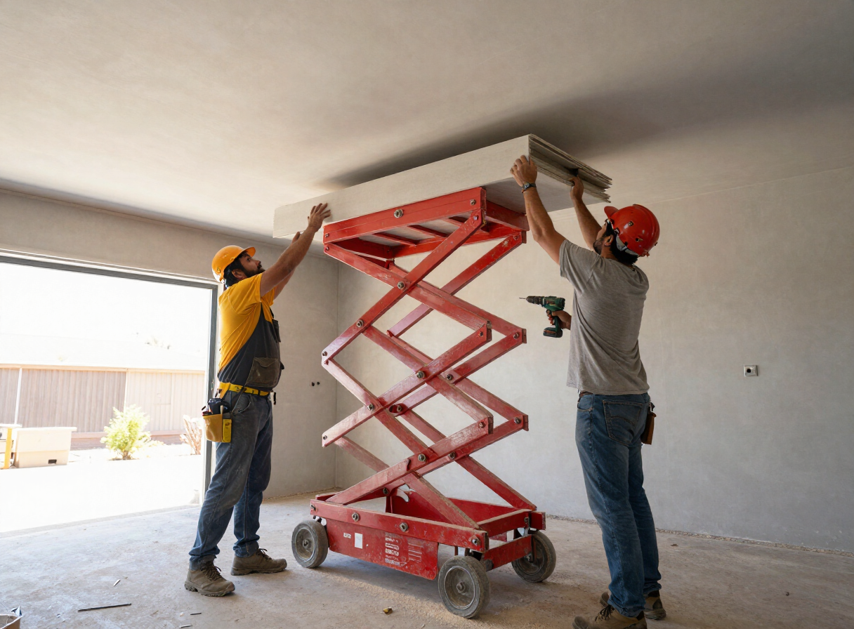 Two workers guiding a drywall sheet on a lift up to a garage ceiling
