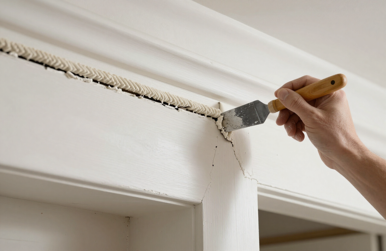 Plaster repair detail work in a Weehawken NJ historic home with elastomeric caulk at a settlement crack