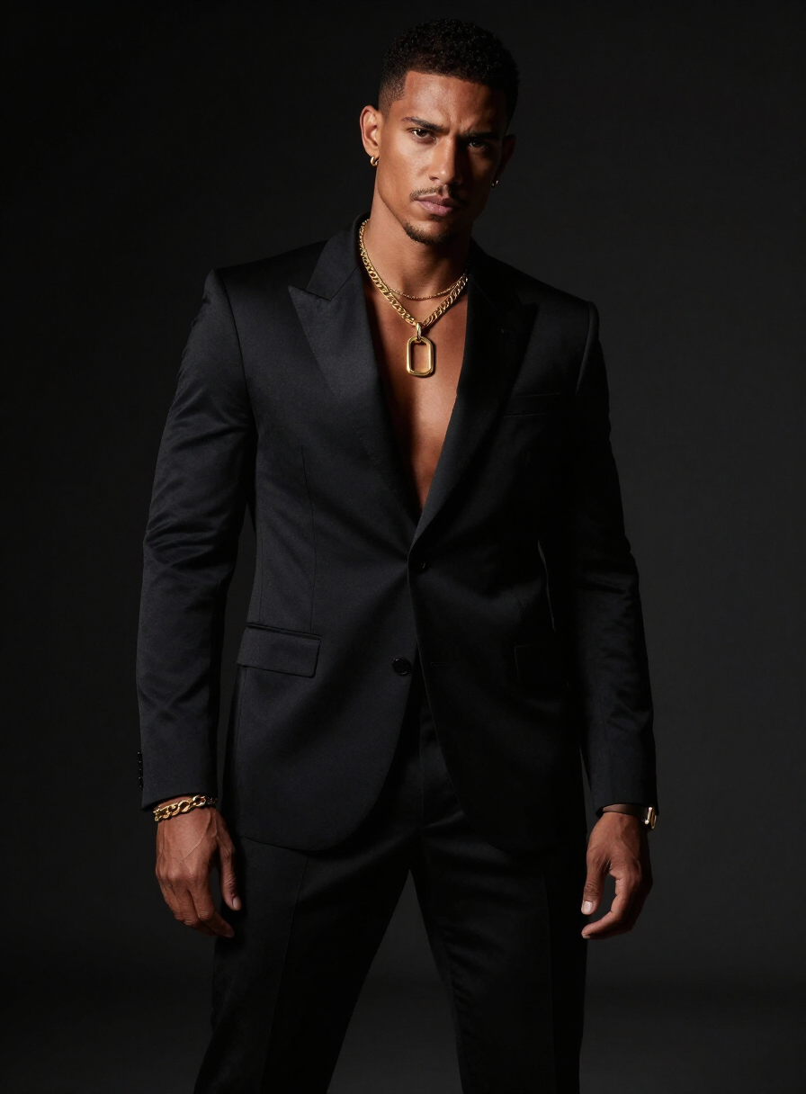 Modelo masculino Starlux em alfaiataria negra com joias douradas