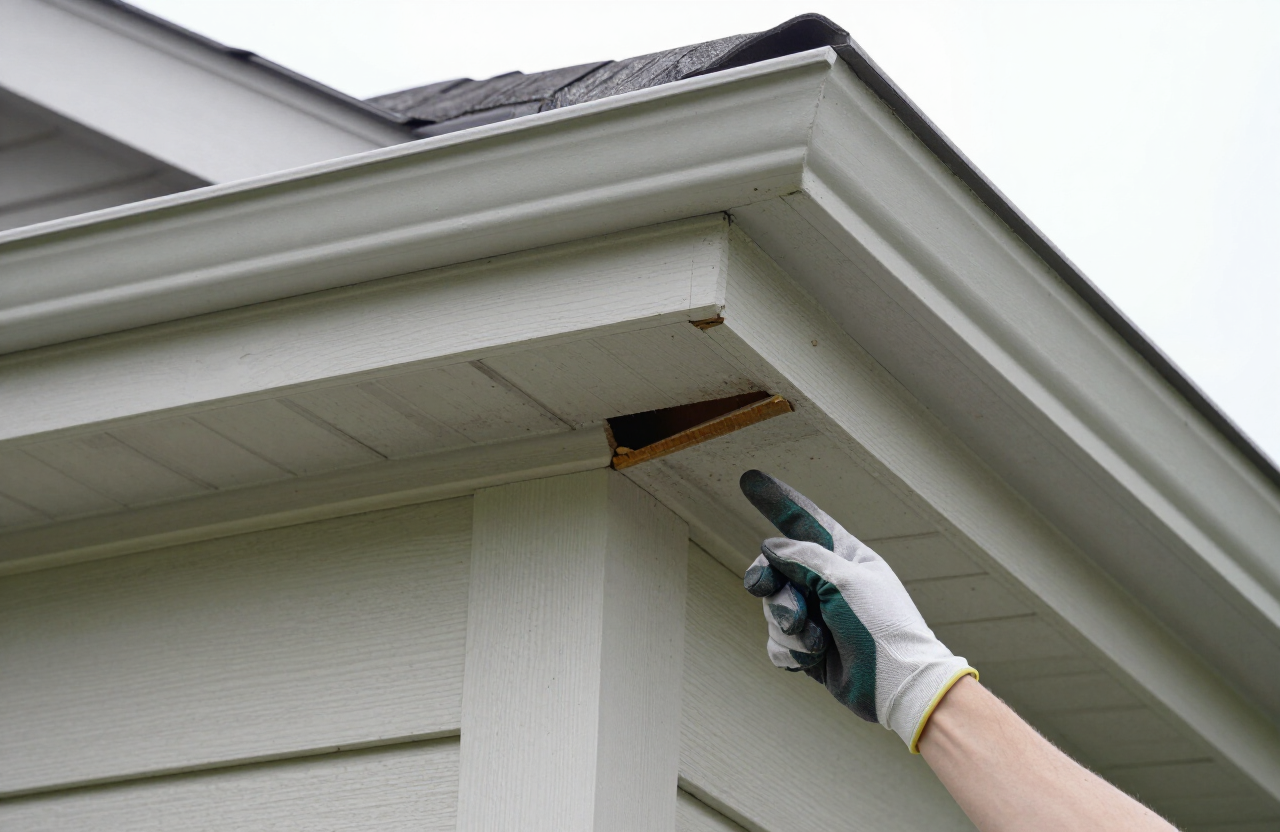 Professional inspection of a possible rodent entry point around a roofline soffit and construction gap on a Houston-area home