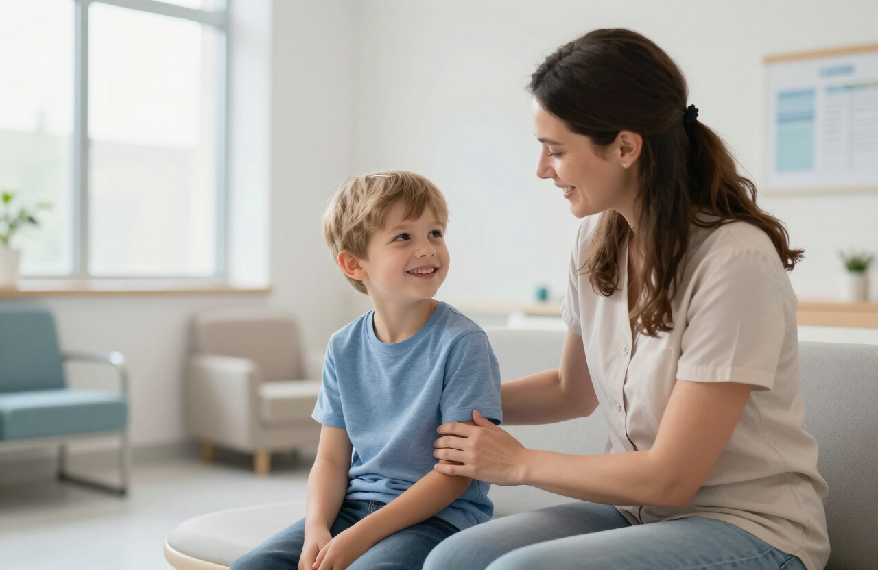 A young Caucasian boy sitting beside his mother in a bright, welcoming pediatric cardiology clinic, with his mother reassuring him before his appointment.