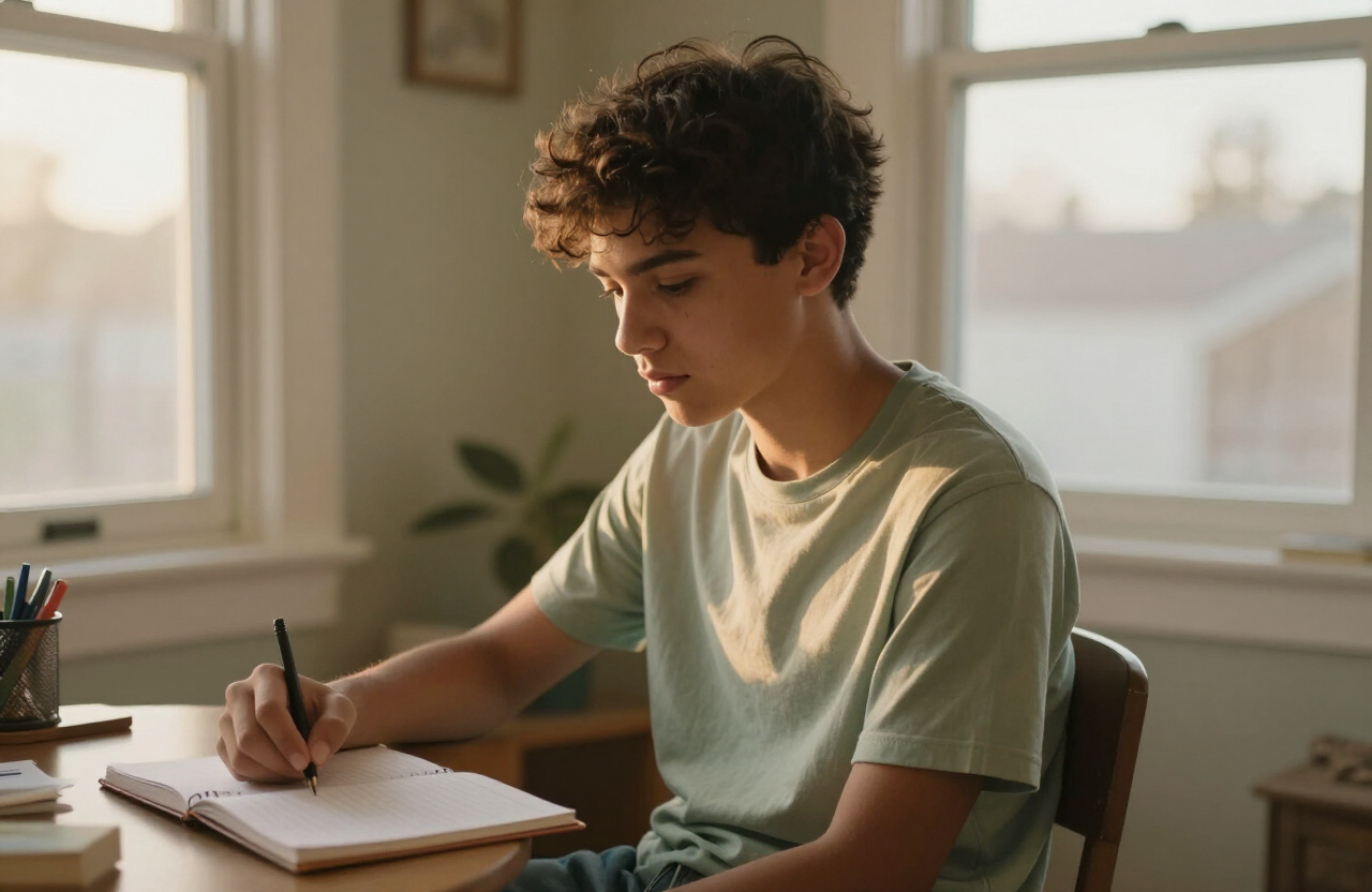 A reflective teen sitting quietly near a window in a warm bedroom, looking thoughtful in soft afternoon light.